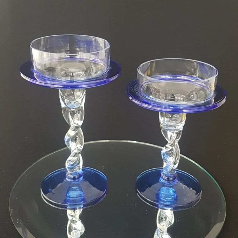 Vintage Cobalt Blue Glass Candle Holders: Twisted Stem Set